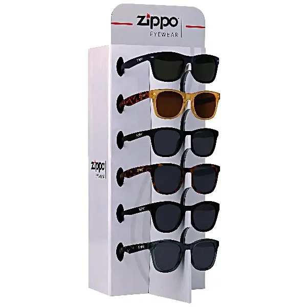 Expositor blanco Zippo Eyewear con seis modelos de gafas de sol de monturas negras, ámbar y carey, colocados en vertical.