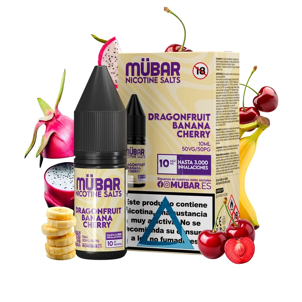 Frasco y caja de Mübar Salts Dragonfruit Banana Cherry 10 ml, rodeados de pitahaya, rodajas de plátano y cerezas sobre fondo blanco.