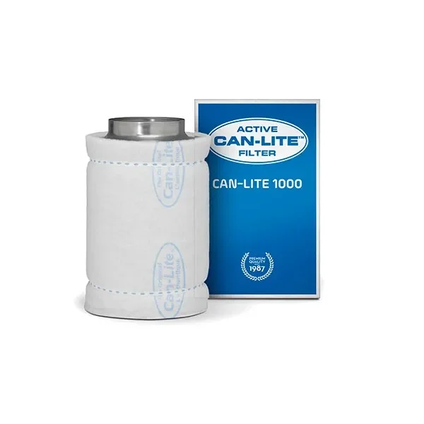 Filtro cilíndrico CAN-Lite con cubierta blanca y boca metálica superior, junto a una caja azul rotulada CAN-LITE 1000.