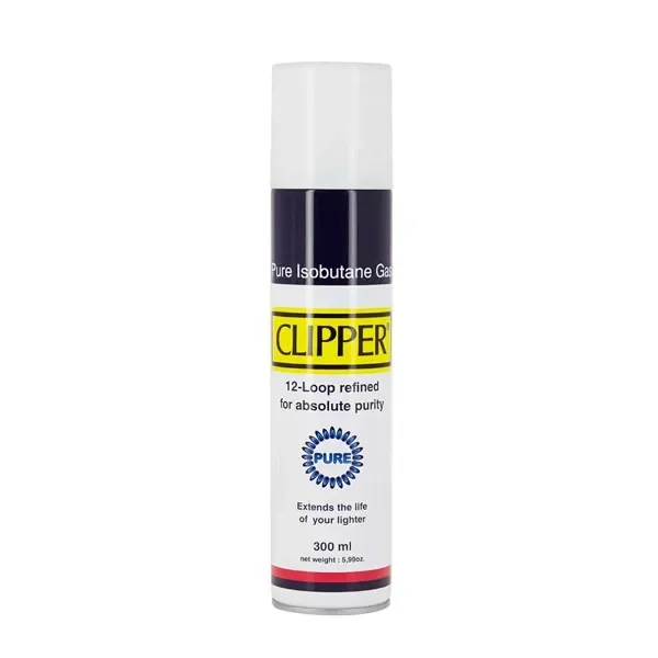 Bote de gas Clipper Pure de 300 ml con tapón blanco, etiqueta blanca y negra y logotipo sobre una franja amarilla.