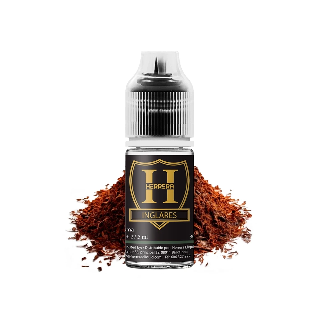 Frasco de Herrera Inglares Longfill con tapón estriado y etiqueta negra con escudo dorado, delante de un montón de tabaco sobre fondo blanco.