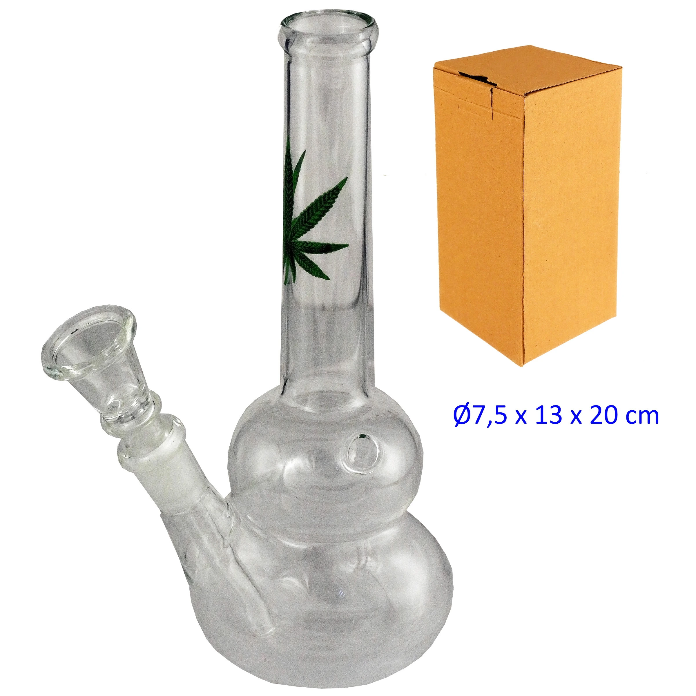 Bong transparente con base de dos cuerpos redondeados, cuello recto decorado con una hoja verde y cazoleta lateral, junto a una caja.