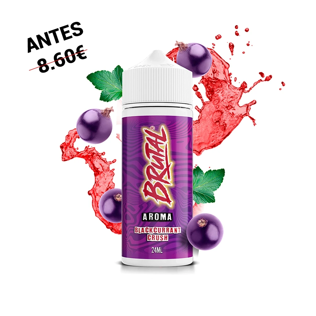 Bote de aroma Brutal Blackcurrant Crush de 24 ml con etiqueta morada, rodeado de grosellas negras, hojas y salpicaduras rojas.