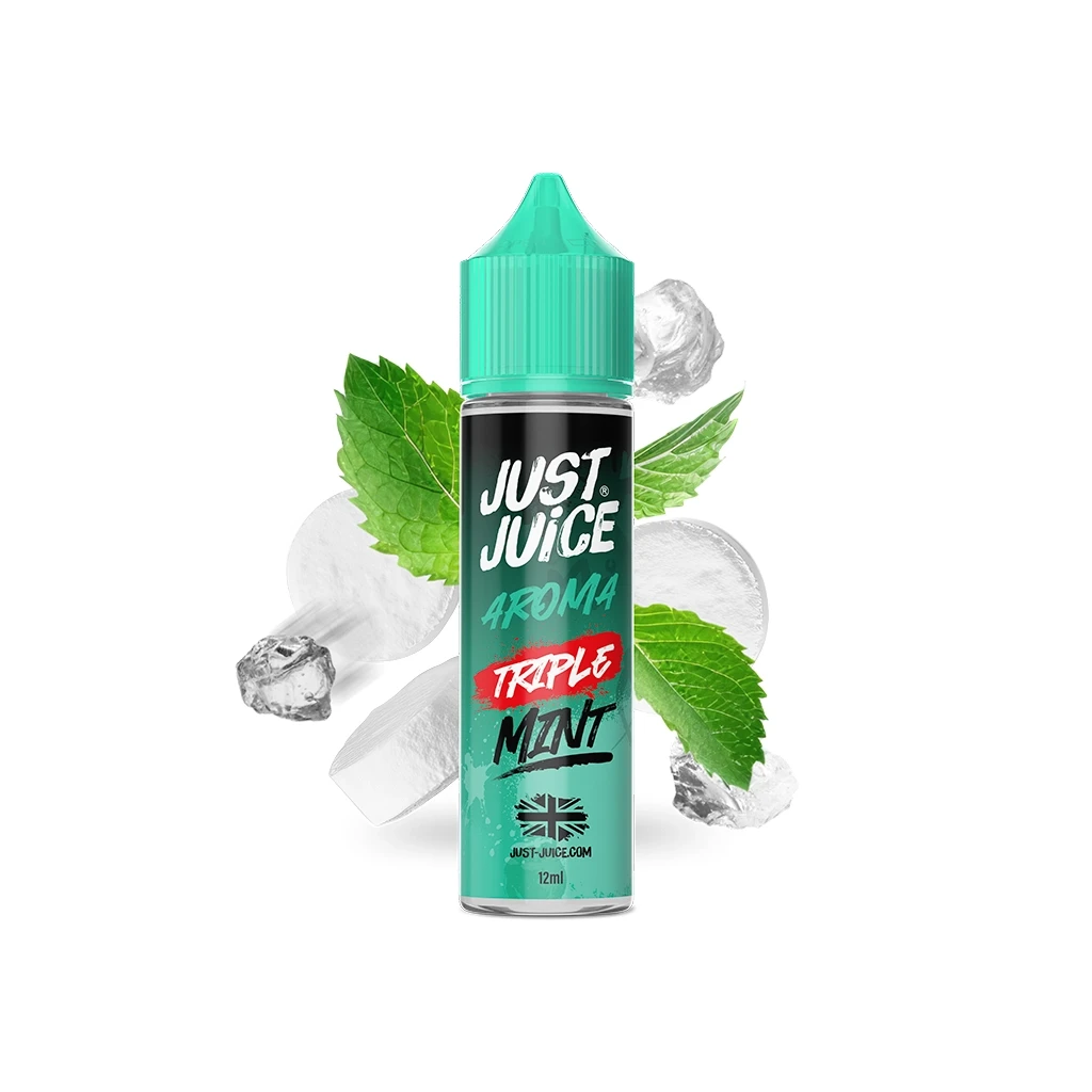 Bote de aroma Triple Mint de Just Juice de 12 ml, con tapón verde, hojas de menta y cubitos de hielo sobre fondo blanco.