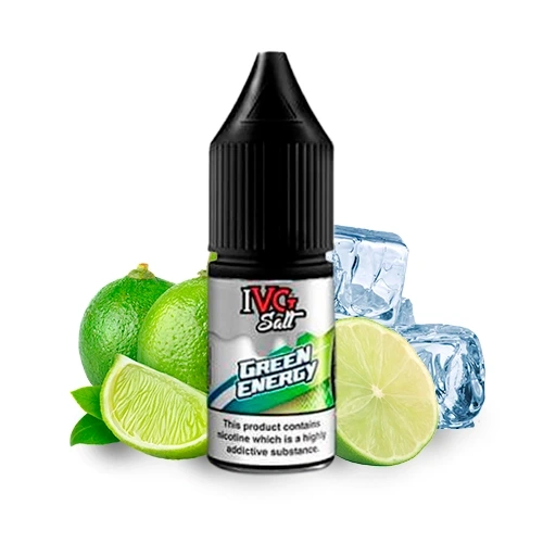 Frasco de IVG Salts Green Energy con tapón negro, rodeado de limas enteras y cortadas y cubitos de hielo sobre fondo blanco.