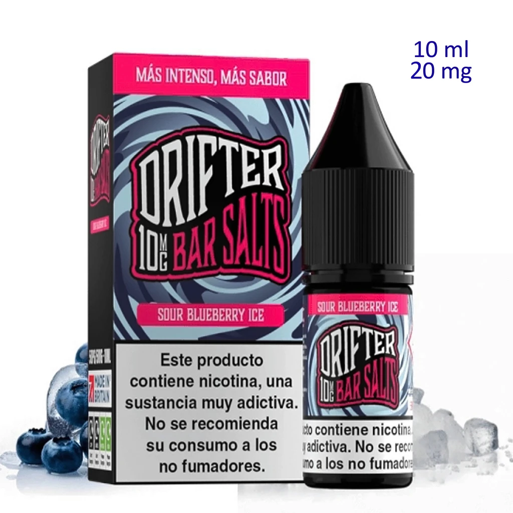 Frasco y caja de Sour Blueberry Ice Drifter Bar Salts, con tapón negro, advertencia de nicotina, arándanos y hielo alrededor.