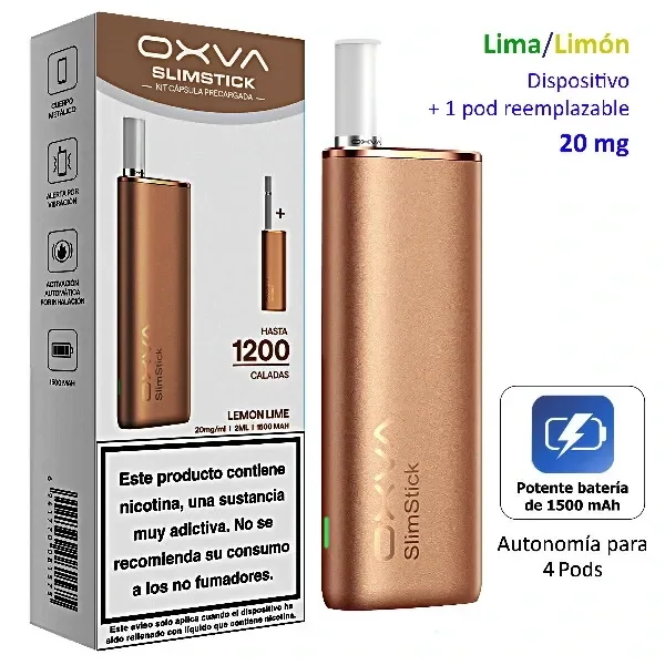 OXVA SlimStick dorado con boquilla blanca junto a su caja; el montaje indica lima/limón, 20 mg y batería de 1500 mAh.