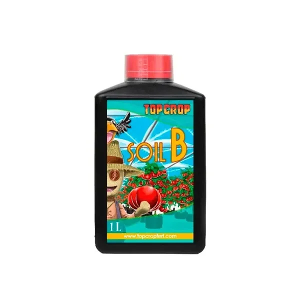 Botella negra de Soil B de Top Crop con tapón rojo y etiqueta turquesa ilustrada con tomates; indica 1 L.