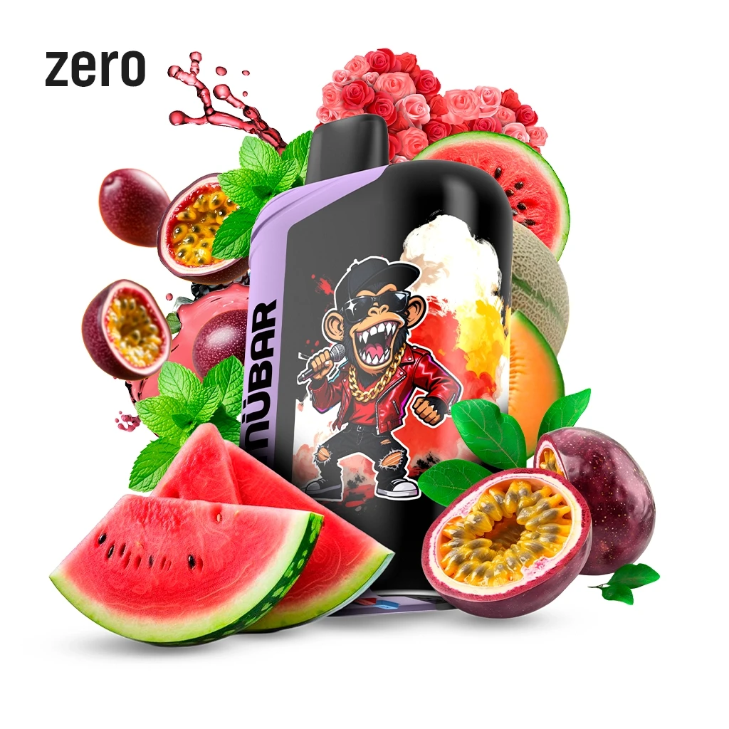 Vapeador Mübar Eden Beast negro y lila con un mono ilustrado, rodeado de sandía, maracuyá, melón, hojas y rosas; texto «zero».