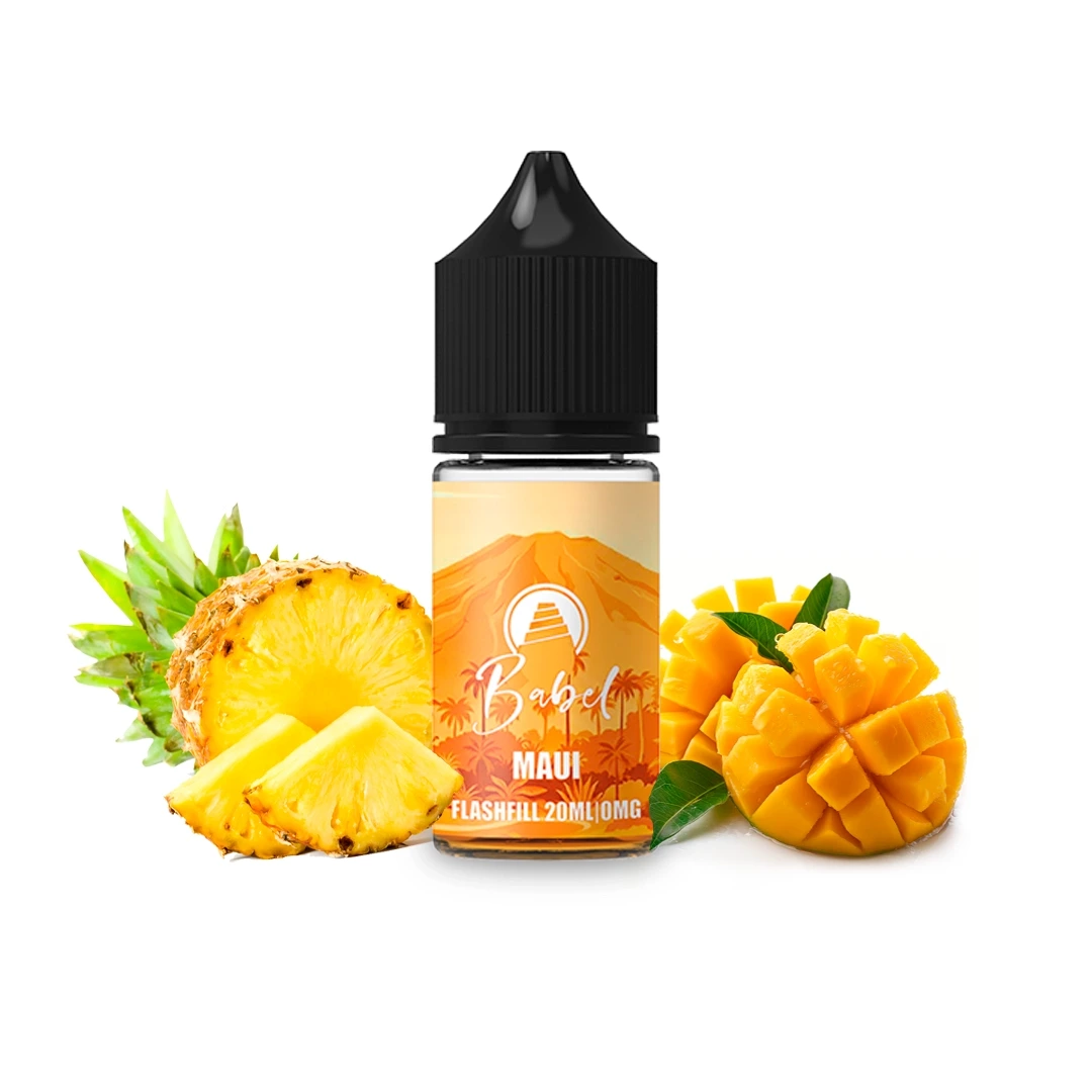 Frasco de e-líquido Babel Maui con tapón negro y etiqueta naranja ilustrada con un volcán y palmeras, entre piña y mango cortados.