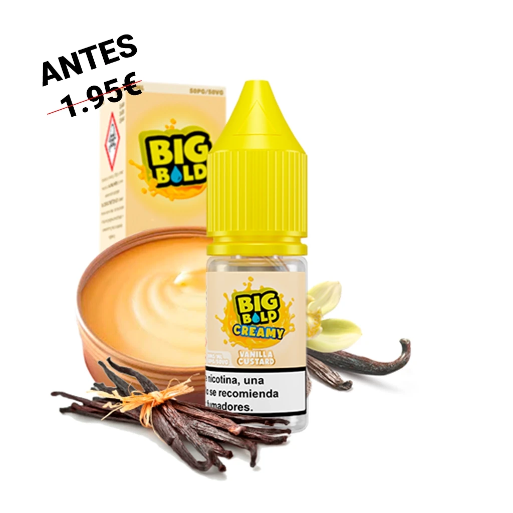 Frasco de Big Bold Vanilla Custard con tapón amarillo, junto a su caja, un cuenco de crema y vainas de vainilla.