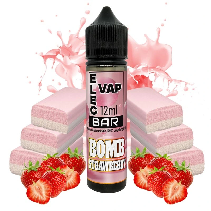 Frasco de aroma Elecvap Bomb Strawberry Bar de 12 ml con tapón negro, rodeado de fresas, dulces bicolores y salpicaduras rosas.