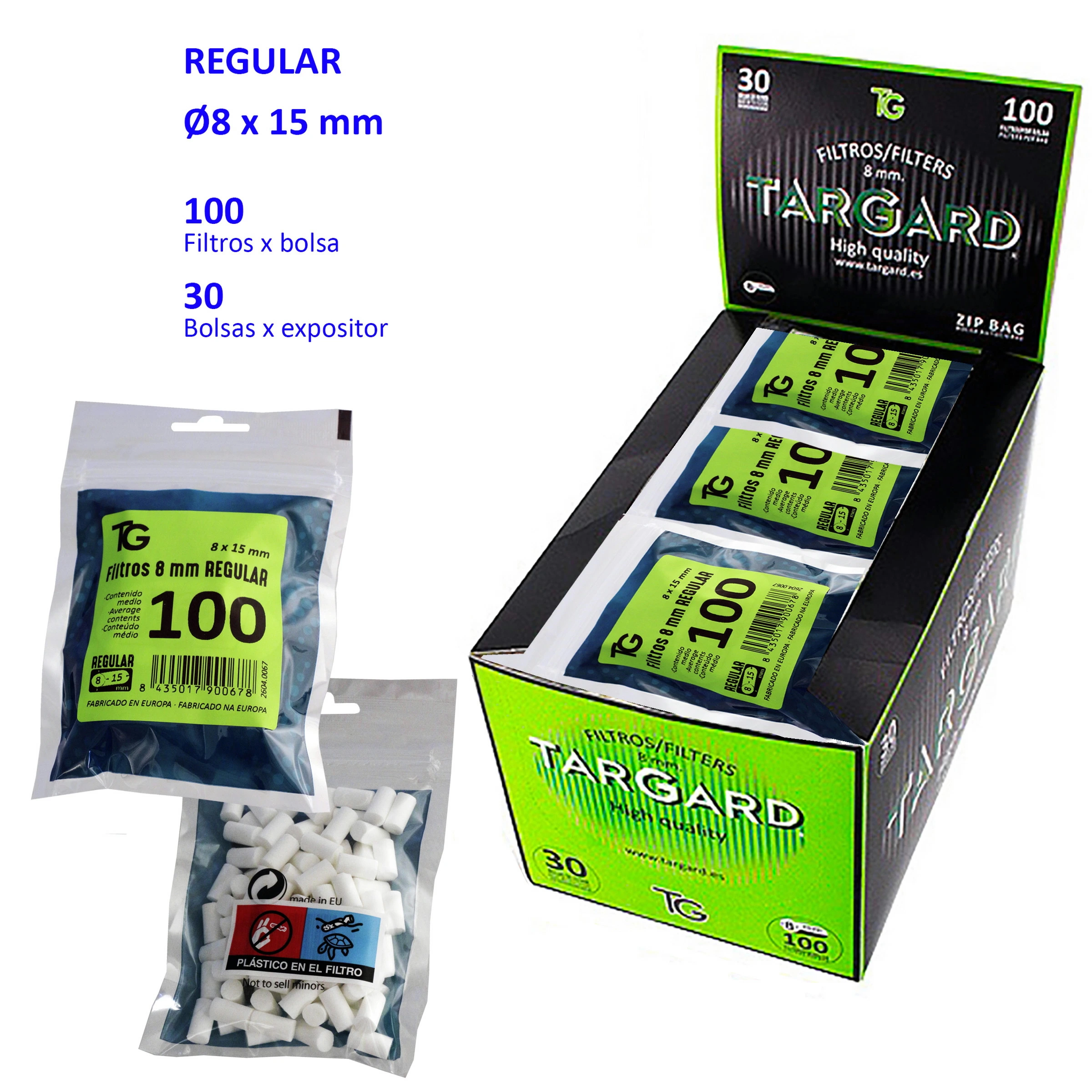 Expositor Tar Gard con bolsas de filtros Regular de 8 mm, junto a dos bolsas que muestran la etiqueta verde y los filtros blancos. Expositor Tar Gard con bolsas de filtros Regular de 8 mm, junto a dos bolsas que muestran la etiqueta verde y los filtros blancos.
