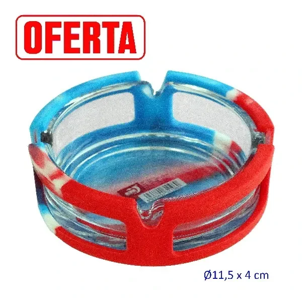Cenicero circular transparente con revestimiento rojo y azul, varias muescas en el borde y medidas indicadas de Ø11,5 × 4 cm.