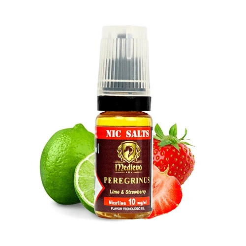 Frasco de Medievo Salts Peregrinus con tapón translúcido y etiqueta roja, acompañado de limas y fresas enteras y cortadas.