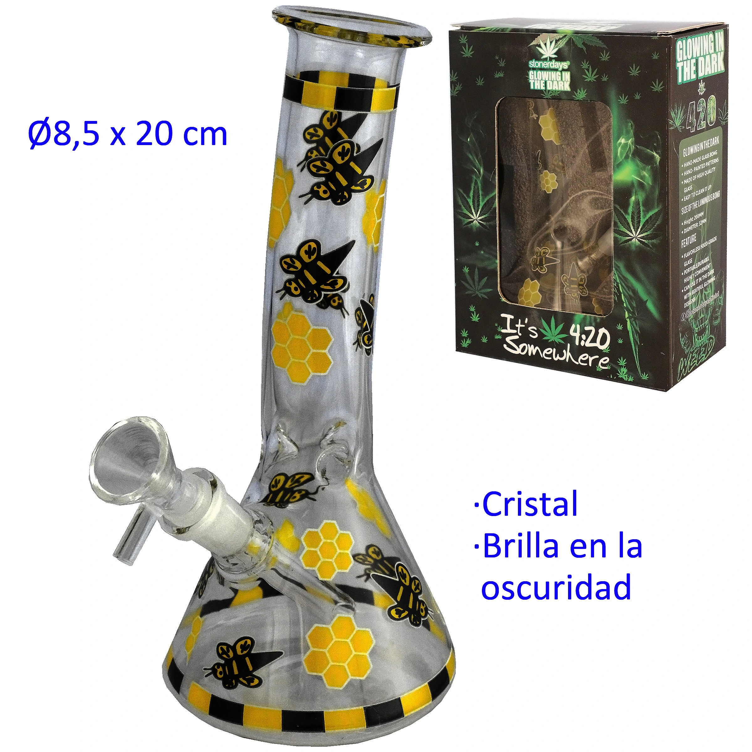 Bong transparente de base cónica decorado con abejas, panales amarillos y franjas negras, junto a su caja con ventana.