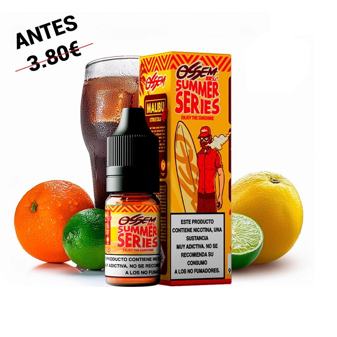 Frasco y caja de Ossem Salts Malibu Citrus Cola junto a un vaso de refresco oscuro con hielo, una naranja, limas y un limón.