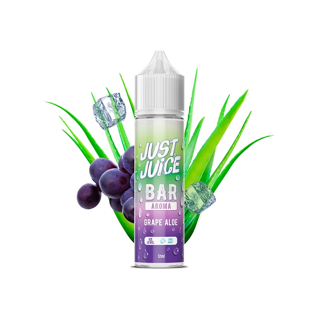 Frasco Just Juice Bar Grape Aloe de 12 ml con tapón blanco y etiqueta verde y morada, rodeado de uvas, hojas de aloe y cubitos.