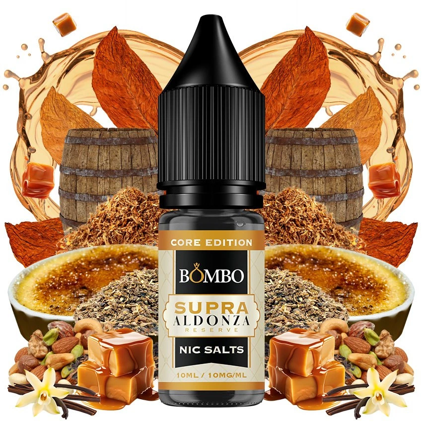 Frasco Bombo Supra Aldonza Reserve Nic Salts de 10 mg/ml, rodeado de barriles, hojas, caramelo, frutos secos y vainilla.