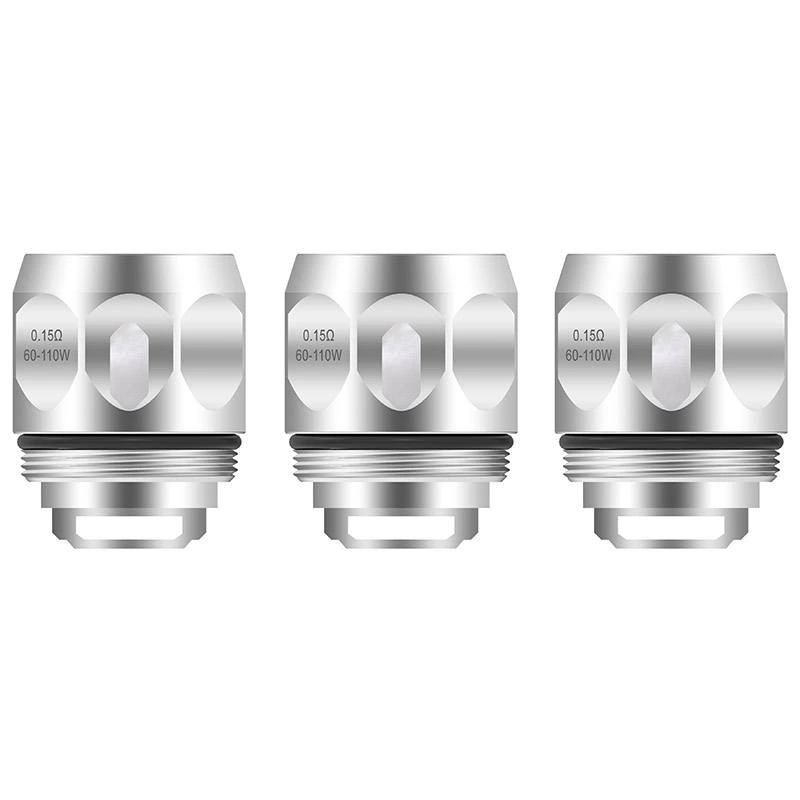 Tres resistencias Vaporesso GT8 Core plateadas, alineadas sobre fondo blanco, con rosca inferior e inscripción de 0,15 Ω y 60–110 W.