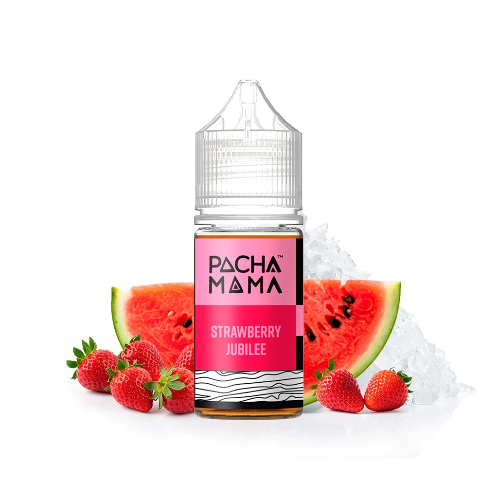Frasco de Pachamama Strawberry Jubilee con etiqueta rosa y tapón transparente, acompañado de fresas, rodajas de sandía y hielo.