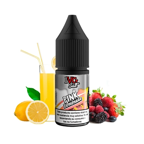 Frasco de IVG Salt Pink Lemonade con tapón negro, acompañado de un vaso de bebida amarilla, limón y frutos rojos sobre fondo blanco.
