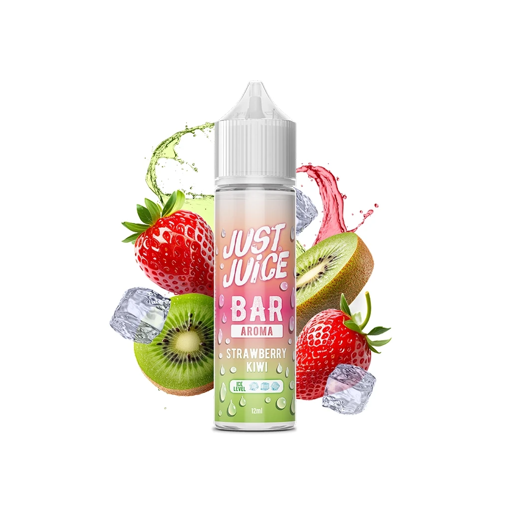 Frasco de Just Juice Bar Strawberry Kiwi con tapón blanco, rodeado de fresas, mitades de kiwi, cubitos de hielo y salpicaduras de colores.