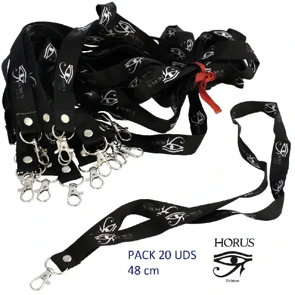 Lanyards negros HORUS con logotipos blancos y mosquetones plateados, agrupados y con uno extendido; texto «Pack 20 uds, 48 cm».