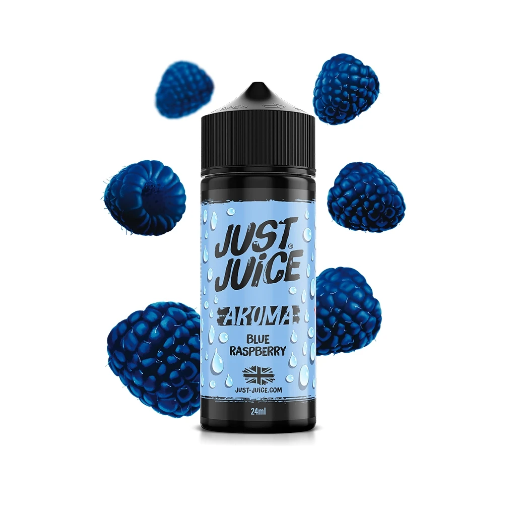 Bote Just Juice Blue Raspberry con tapón negro y etiqueta azul de 24 ml, rodeado de frambuesas azules sobre fondo blanco.