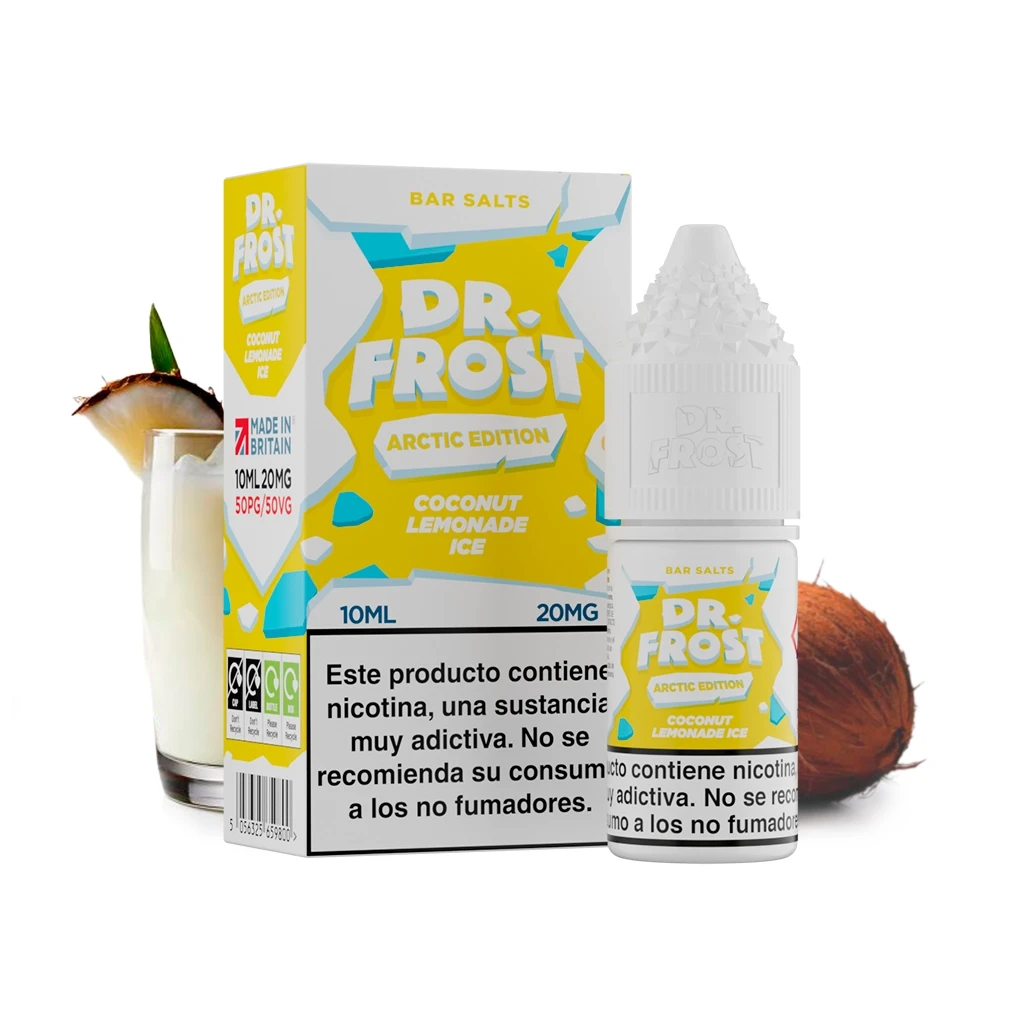 Caja y frasco de Dr Frost Salts Coconut Lemonade Ice, con etiqueta amarilla, aviso de nicotina y un coco y un vaso al fondo.