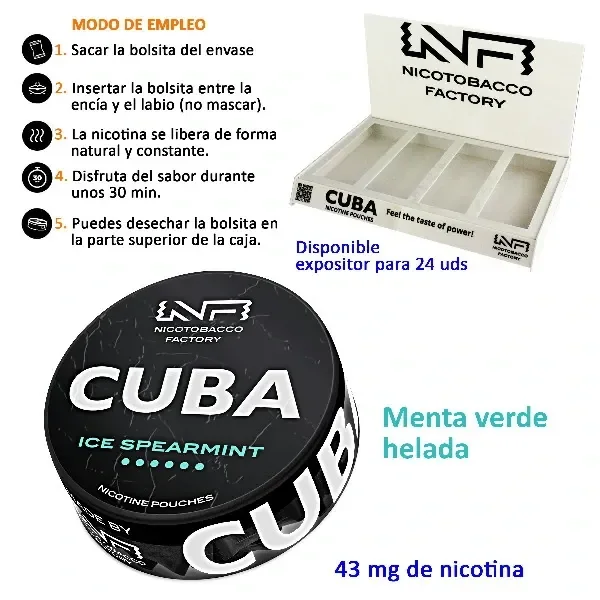 Lata negra CUBA Ice Spearmint con indicación de 43 mg de nicotina, junto a un expositor vacío e instrucciones de uso.
