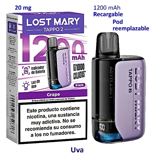 Dispositivo Lost Mary TAPPO 2 negro y lila junto a su caja Grape, con indicaciones de 20 mg, batería de 1200 mAh y pod reemplazable.