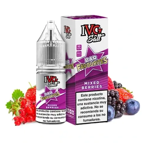 Frasco y caja de IVG Bar Favourites Mixed Berries, con diseño morado y advertencia de nicotina, rodeados de frutos rojos y azules.