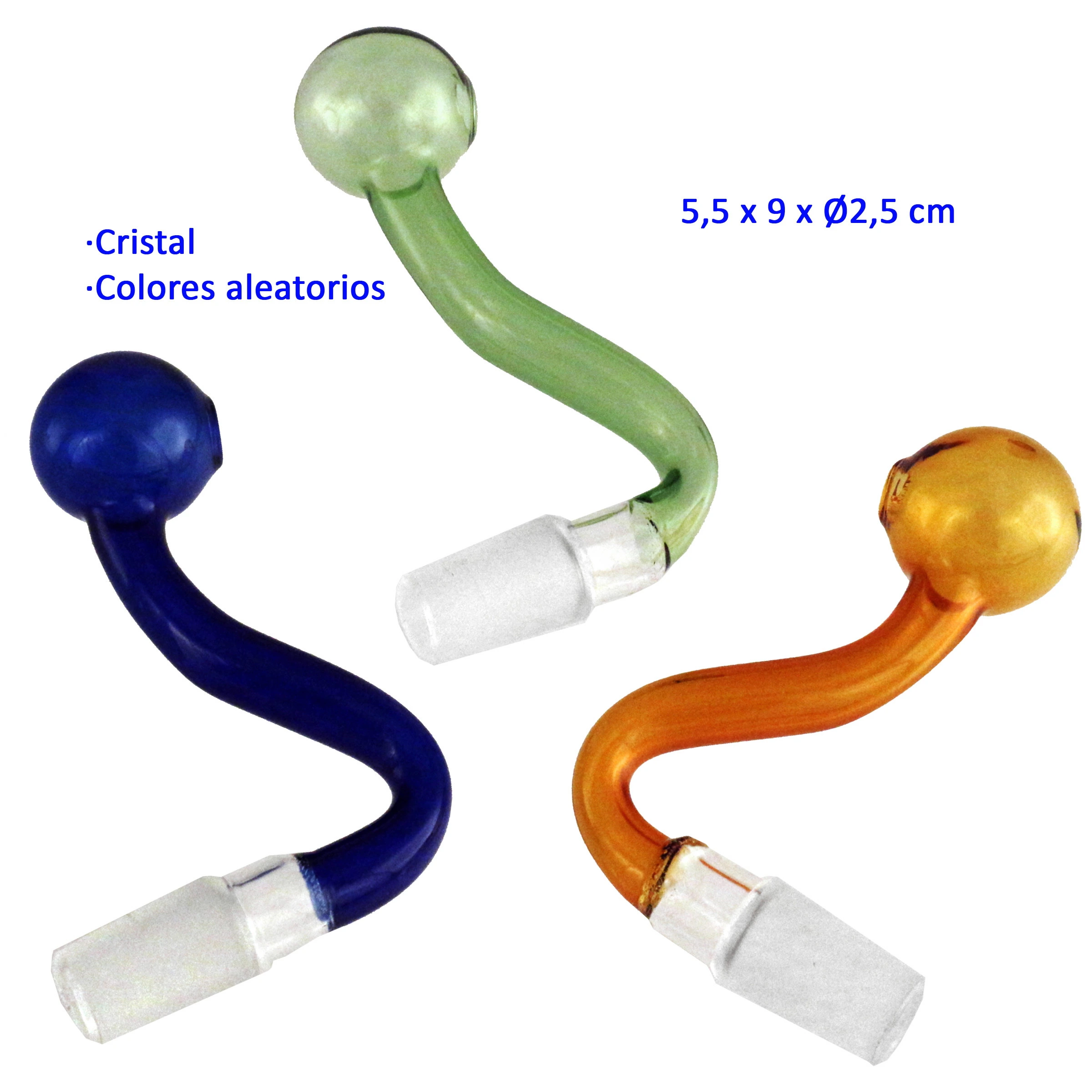Tres variantes de pipa de cristal con tubo curvado, cazoleta esférica y conector esmerilado, en verde, azul y ámbar.