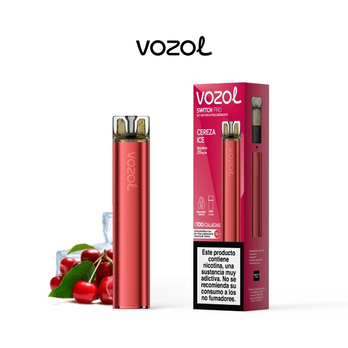 Vozol Switch Pro Cereza Ice rojo junto a su caja de 20 mg, con boquilla translúcida y cerezas con cubitos de hielo al fondo.