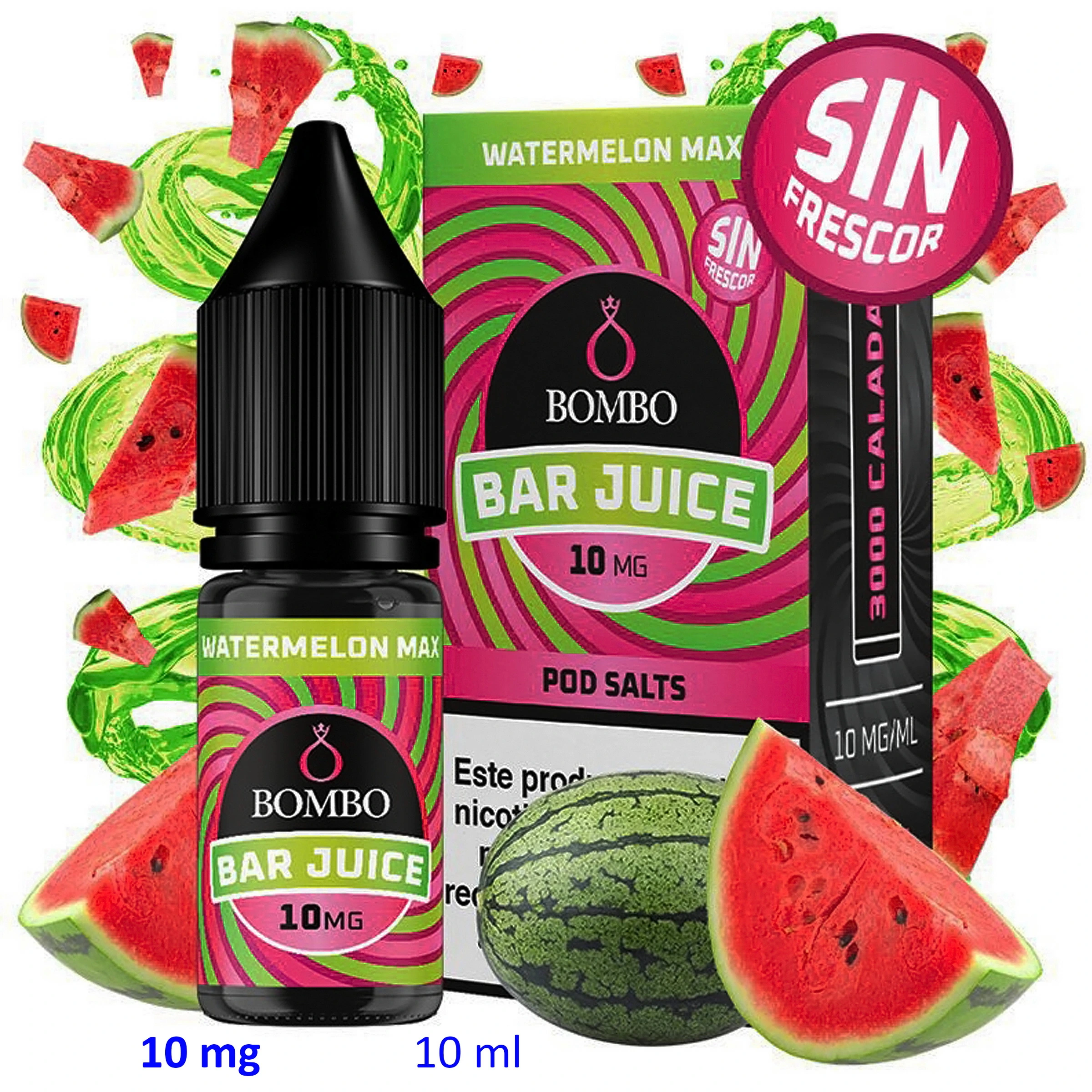 Frasco y caja de Bar Juice by Bombo Watermelon Max, rodeados de sandías, con textos «Sin frescor», «10 mg» y «10 ml».