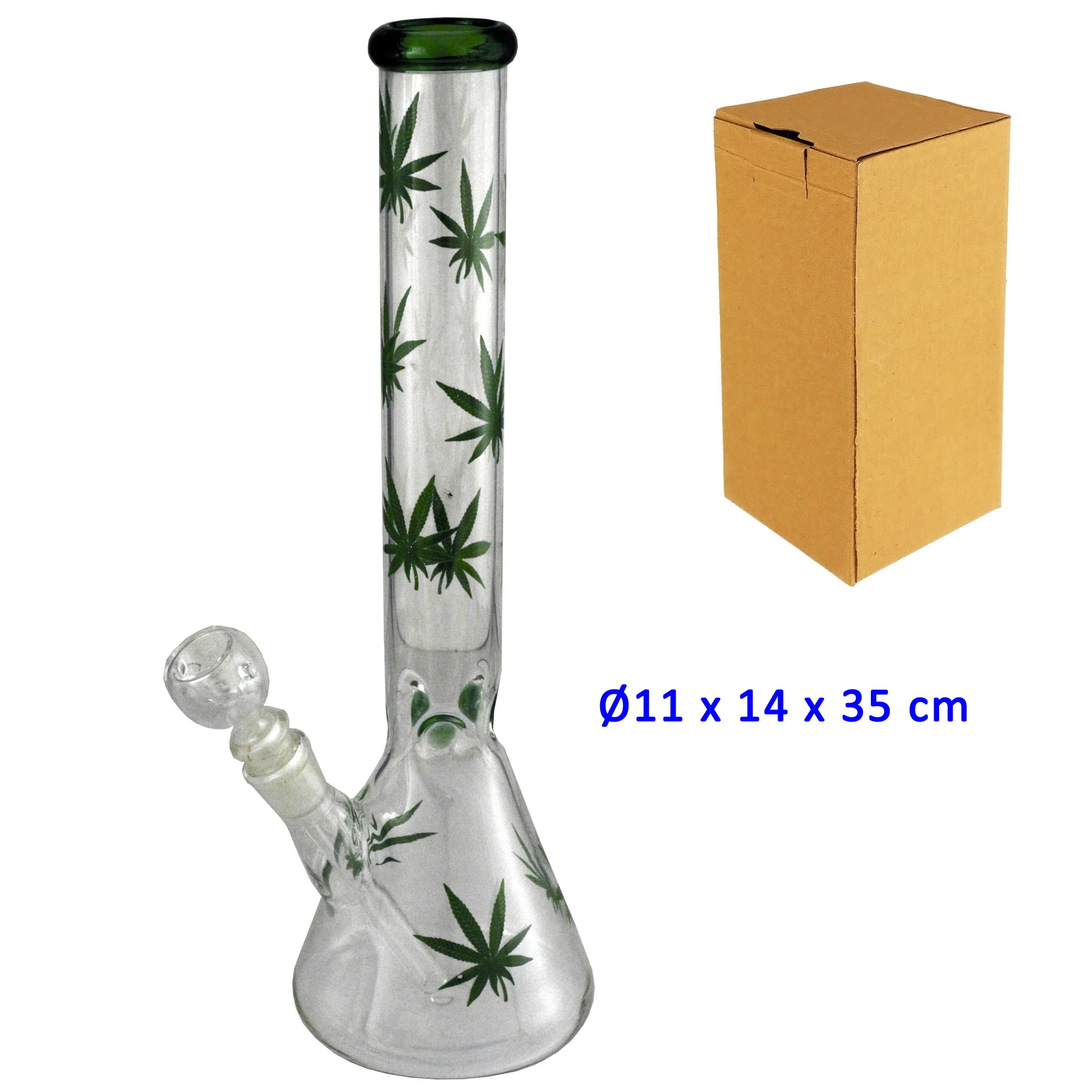 Bong de cristal transparente con base ensanchada, tubo largo y hojas verdes estampadas, junto a una caja de cartón.