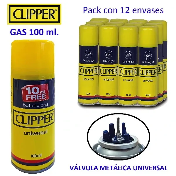 Montaje de gas Clipper con un envase amarillo de 100 ml, una agrupación rotulada como pack de 12 y un detalle de la válvula universal.