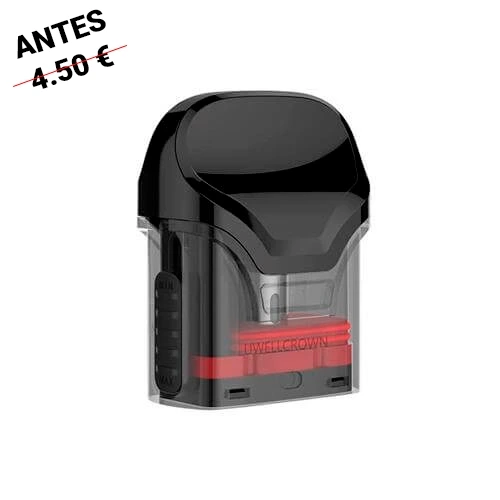 Cartucho de recambio Uwell Crown visto en perspectiva, con boquilla negra, depósito translúcido y pieza roja en la base.