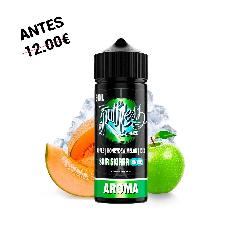 Bote negro de Ruthless Skir Skirrr On Ice Longfill con etiqueta verde, rodeado de melón, una manzana verde y hielo.