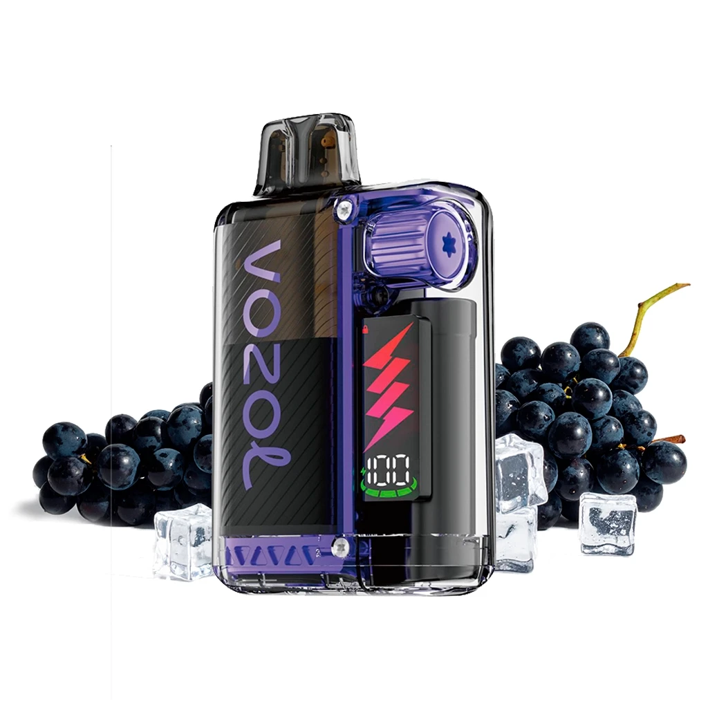 Vozol Vista Plug Grape Ice negro y violeta, con carcasa transparente, pantalla y rueda lateral, junto a uvas y cubitos de hielo.