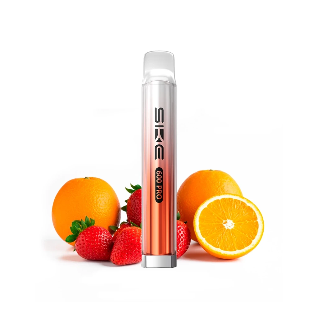 SKE Crystal 600 Pro Strawberry Orange en posición vertical, con cuerpo transparente de tonos rojizos, rodeado de fresas y naranjas. SKE Crystal 600 Pro Strawberry Orange en posición vertical, con cuerpo transparente de tonos rojizos, rodeado de fresas y naranjas.