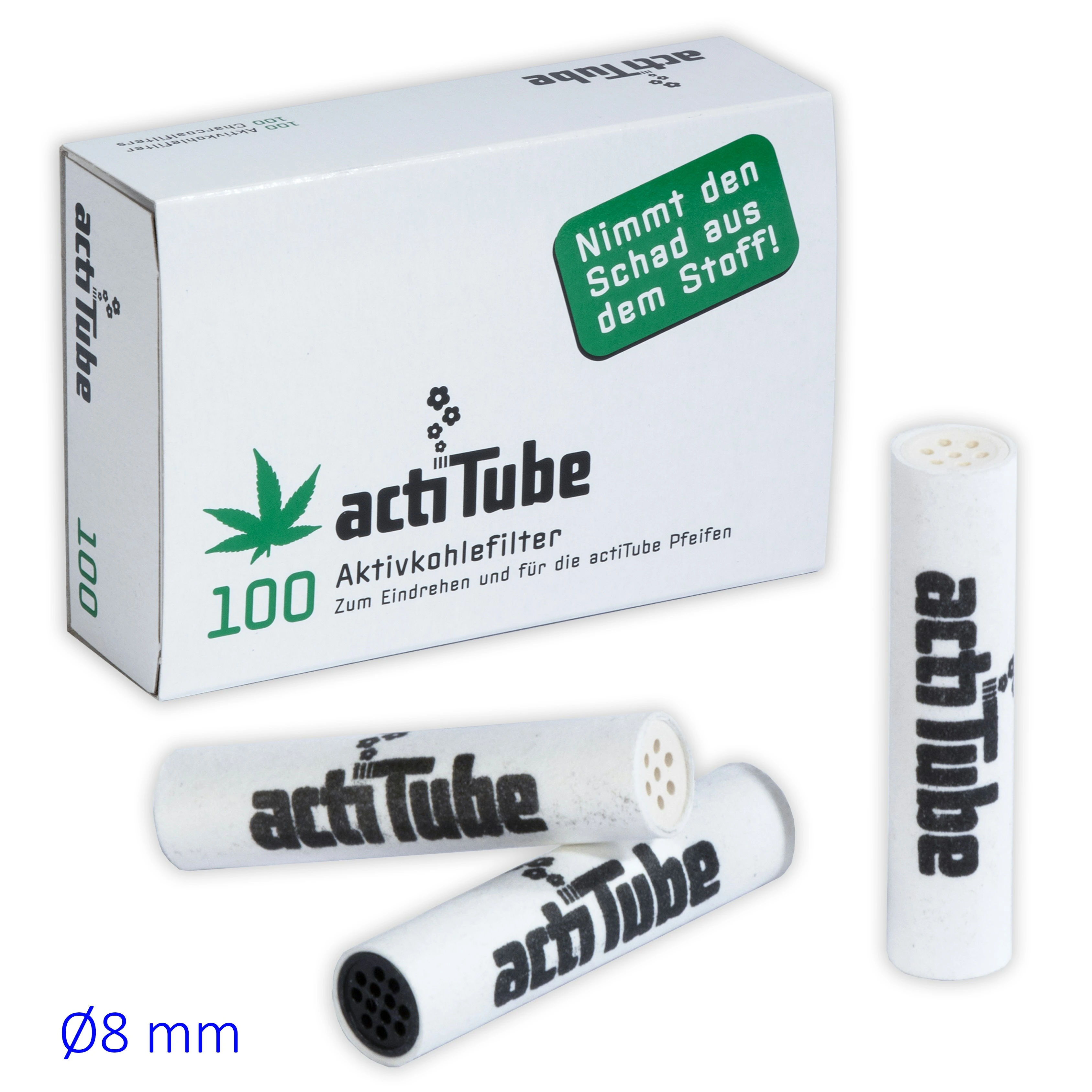 Caja ActiTube de 100 filtros de 8 mm junto a tres filtros blancos cilíndricos, con el logotipo negro y extremos perforados.
