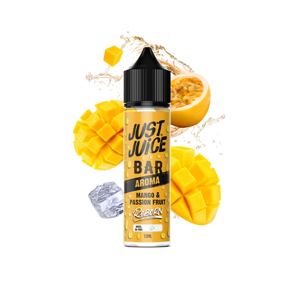 Frasco de Just Juice Reborn Mango Passion Fruit de 12 ml con tapón negro, rodeado de mango, medio maracuyá, hielo y salpicaduras.