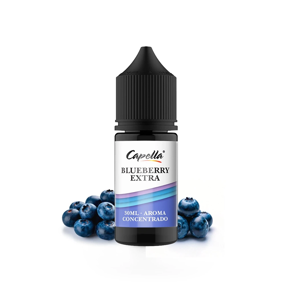 Frasco de Blueberry Extra de Capella con tapón negro, etiqueta blanca y violeta y arándanos alrededor de la base.