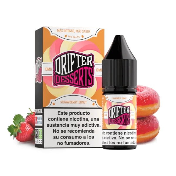 Frasco Drifter Desserts Strawberry Donut con tapón negro junto a su caja naranja y rosa, con fresas y dónuts decorativos al fondo.