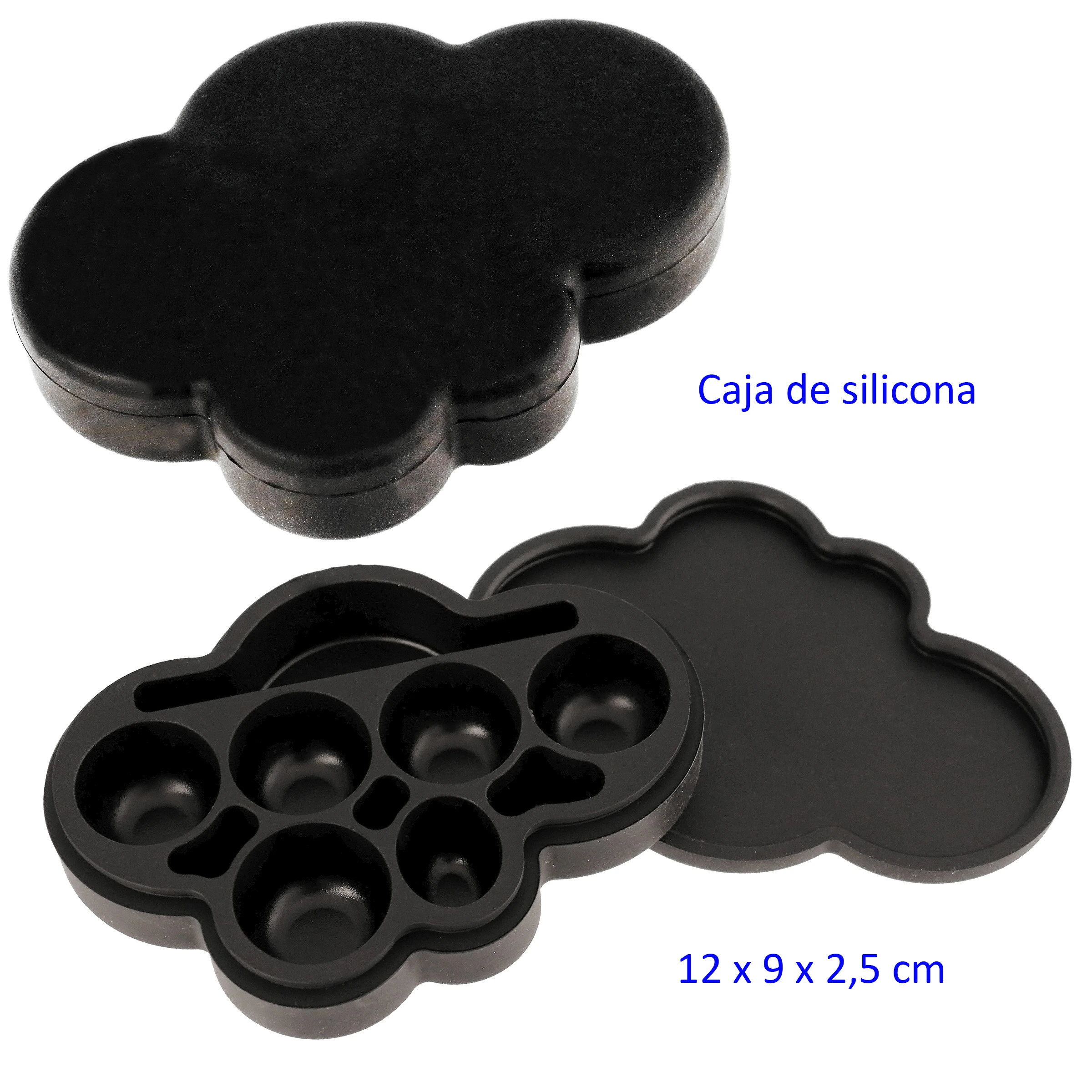 Caja de silicona negra con forma de nube, mostrada cerrada y abierta, con varios compartimentos redondos y alargados.