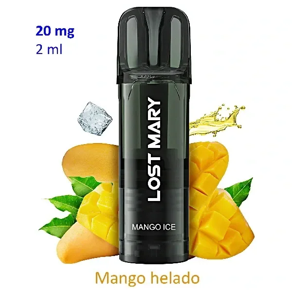 Dispositivo Lost Mary oscuro con texto «Mango Ice», rodeado de mango cortado, hojas y hielo; aparecen las indicaciones «20 mg» y «2 ml».
