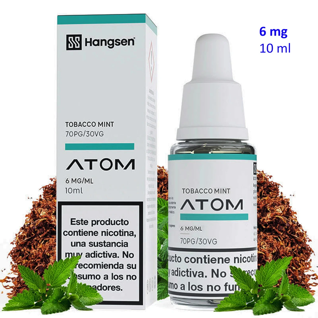 Frasco y caja de Hangsen Atom Tobacco Mint de 10 ml, con etiqueta de 6 mg/ml, rodeados de hojas de menta y tabaco.