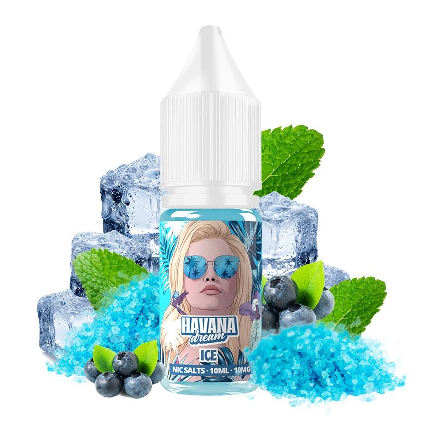 Frasco de Havana Dream Ice con una mujer ilustrada en la etiqueta, rodeado de arándanos, hojas verdes, hielo y cristales azules.